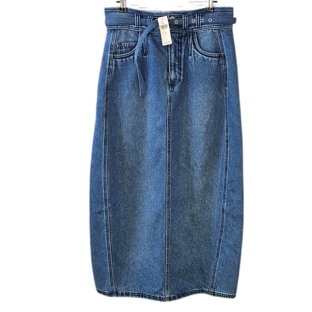 Anthropologie Pilcro Barrel Denim Midi Skirt, Blue, Belted, Cotton, Tencel, Sz 2